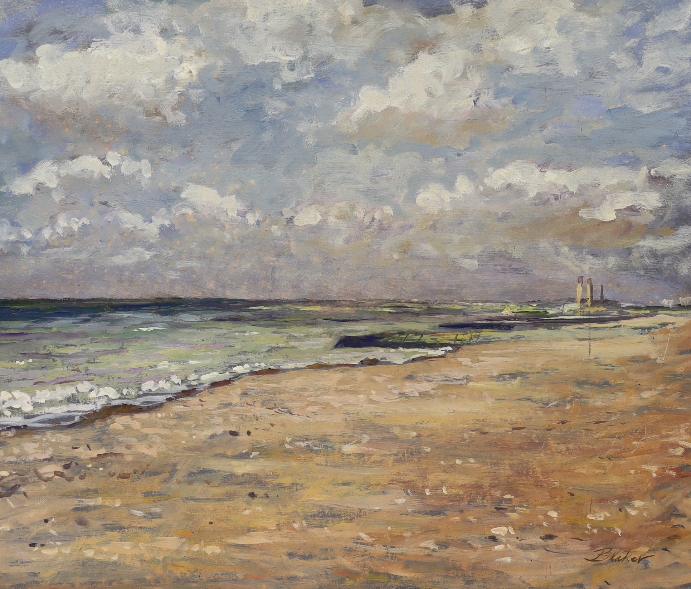 Michael John Blaker (1928-2018), two oils on board, view from Hove towards Southwick and Shoreham and Sussex beach with walkers, signed, largest 51 x 61cm, unframed